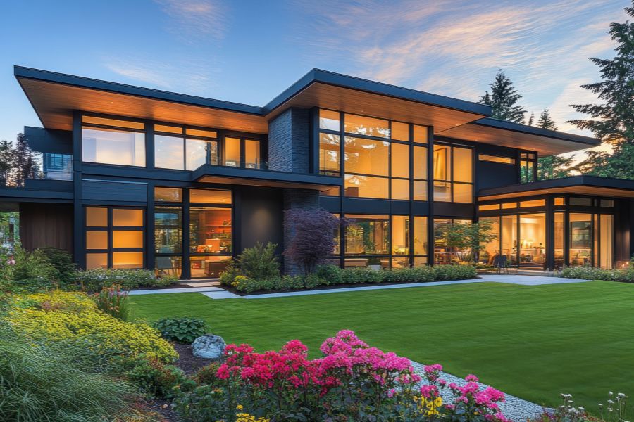 Modern two-storey home with large glass windows, landscaped garden, and warm lighting at sunset — representing property wealth and refinance opportunities with Elevate Financial.