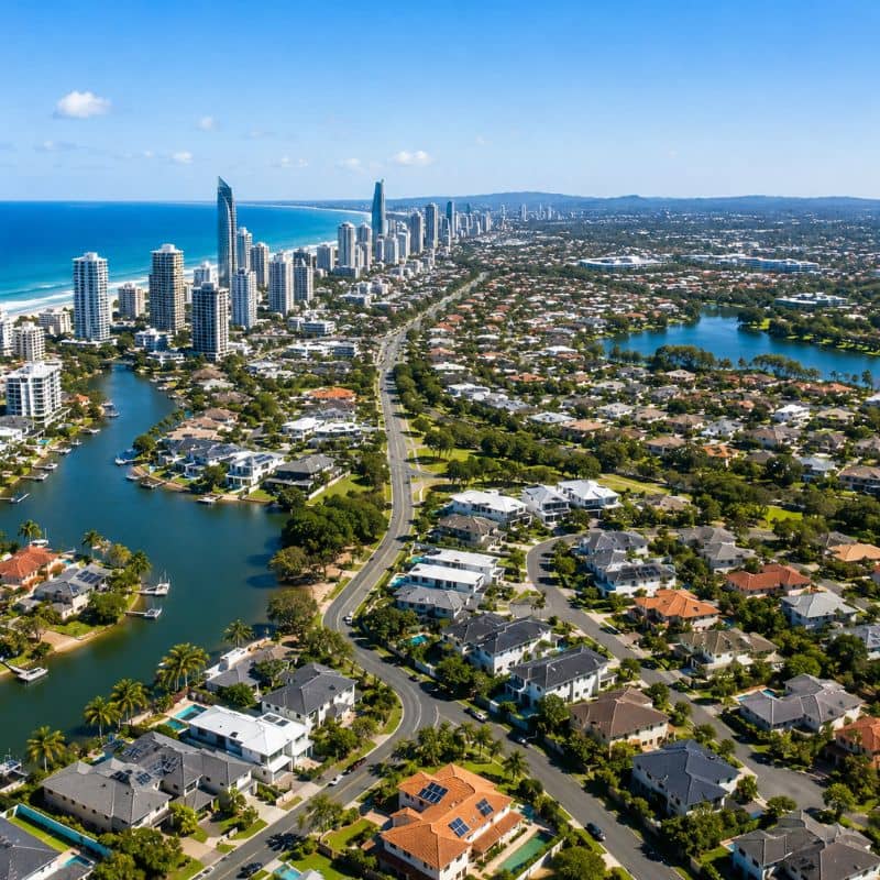 Mortgage broker Gold Coast &mdash; aerial view of coastal high-rise apartments, residential suburbs, waterways and leafy neighbourhoods stretching from the beachfront to the hinterland.